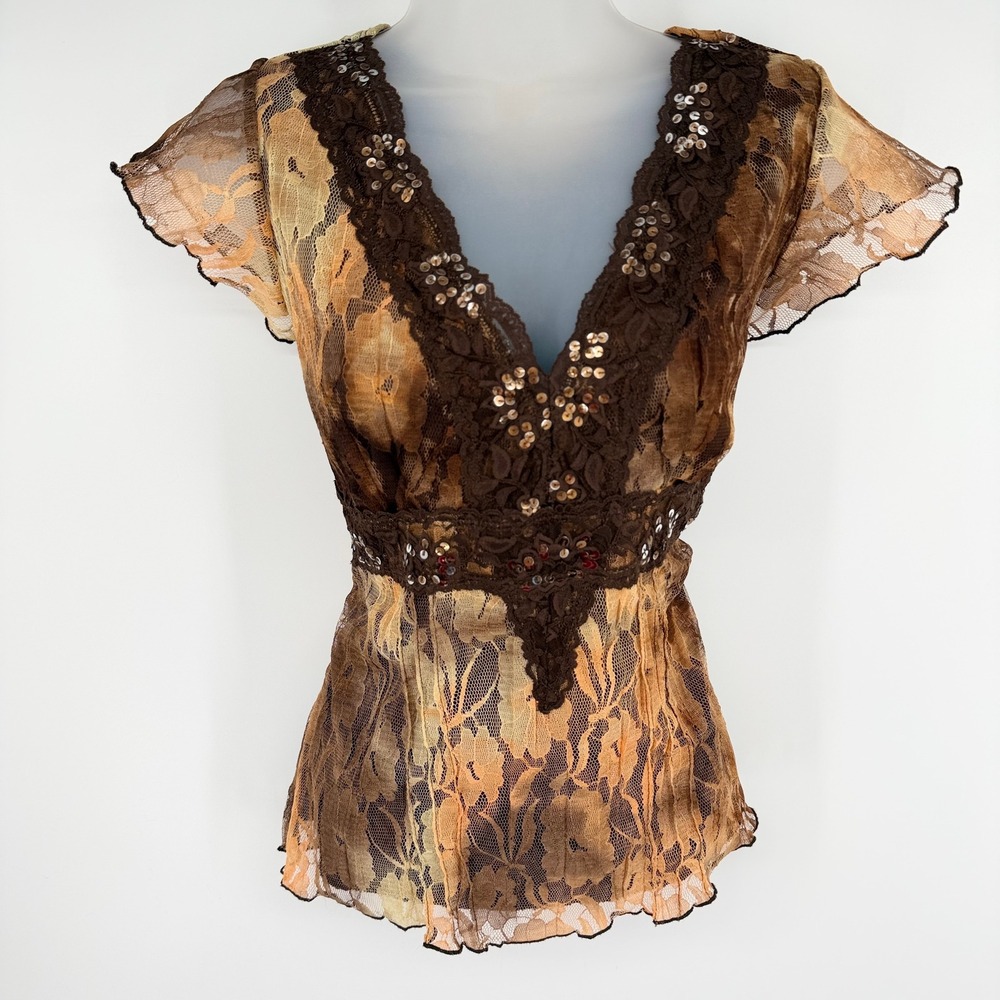 VTG Y2K Cocomo Brown Lace Sequin Sheer Babydoll Boho Fairy Whimsigoth Top Size L